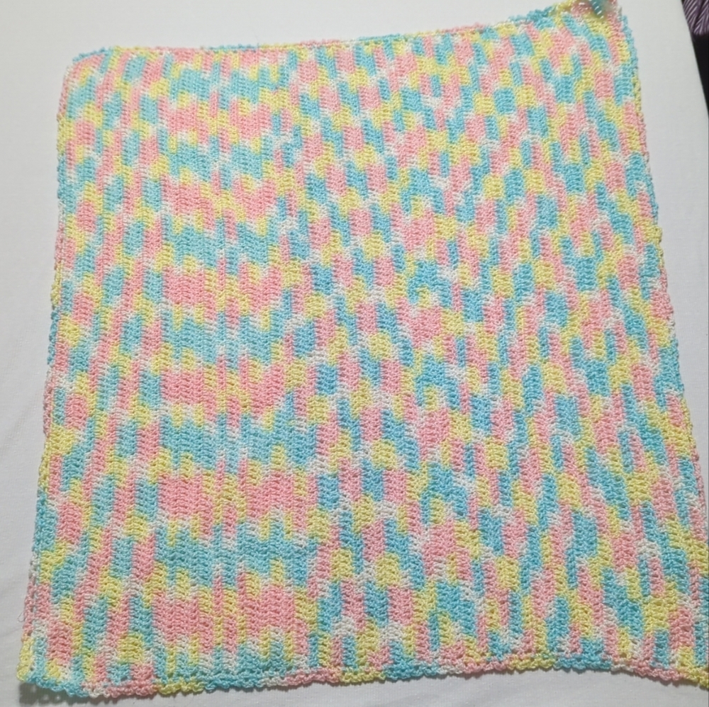 Handmade crochet baby blanket 26x31 pink, yellow, blue and white‎